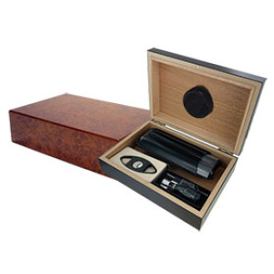 Burl Wood Travel Humidor Gift Set w/Cigar Cutter, Cigar Case, Torch Lighter (9"x 6"x 2-1/2", 10ct) $28.00
